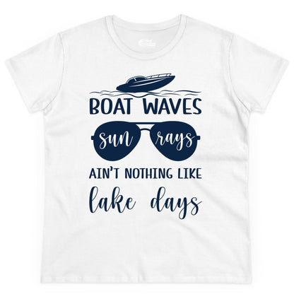 Lake Days Shirt - Fun Lake Life & Boating Summer Vibes Tee (Ladies Tee) in White - Boat Waves Sun Rays Lake Days Summer Lake Life Shirt