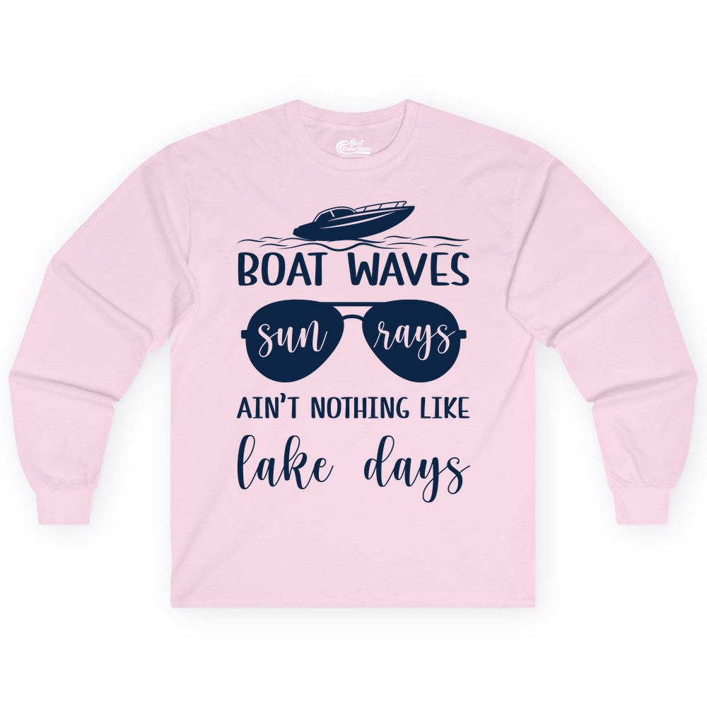 Lake Days Shirt - Fun Lake Life & Boating Summer Vibes Tee (Long Sleeve) in Light Pink - Boat Waves Sun Rays Lake Days Summer Lake Life Shirt