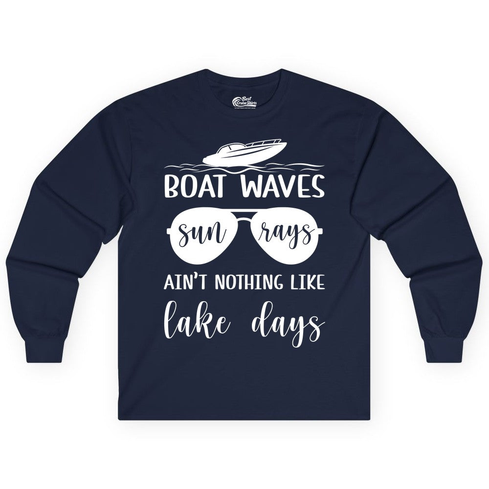 Lake Days Shirt - Fun Lake Life & Boating Summer Vibes Tee (Long Sleeve) in Navy - Boat Waves Sun Rays Lake Days Summer Lake Life Shirt