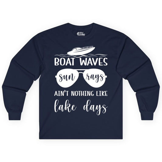Lake Days Shirt - Fun Lake Life & Boating Summer Vibes Tee (Long Sleeve) in Navy - Boat Waves Sun Rays Lake Days Summer Lake Life Shirt