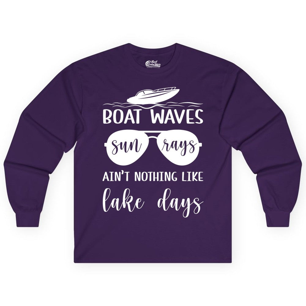 Lake Days Shirt - Fun Lake Life & Boating Summer Vibes Tee (Long Sleeve) in Purple - Boat Waves Sun Rays Lake Days Summer Lake Life Shirt