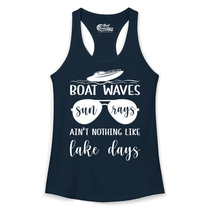 Lake Days Shirt - Fun Lake Life & Boating Summer Vibes Tee (Ladies Tank) in Solid Midnight Navy - Boat Waves Sun Rays Lake Days Summer Lake Life Shirt