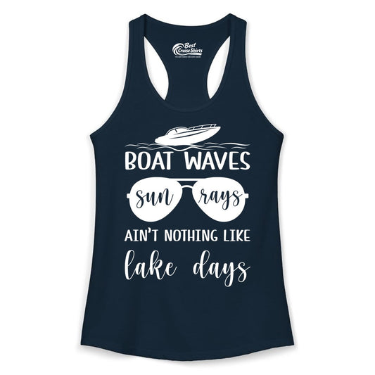 Lake Days Shirt - Fun Lake Life & Boating Summer Vibes Tee (Ladies Tank) in Solid Midnight Navy - Boat Waves Sun Rays Lake Days Summer Lake Life Shirt