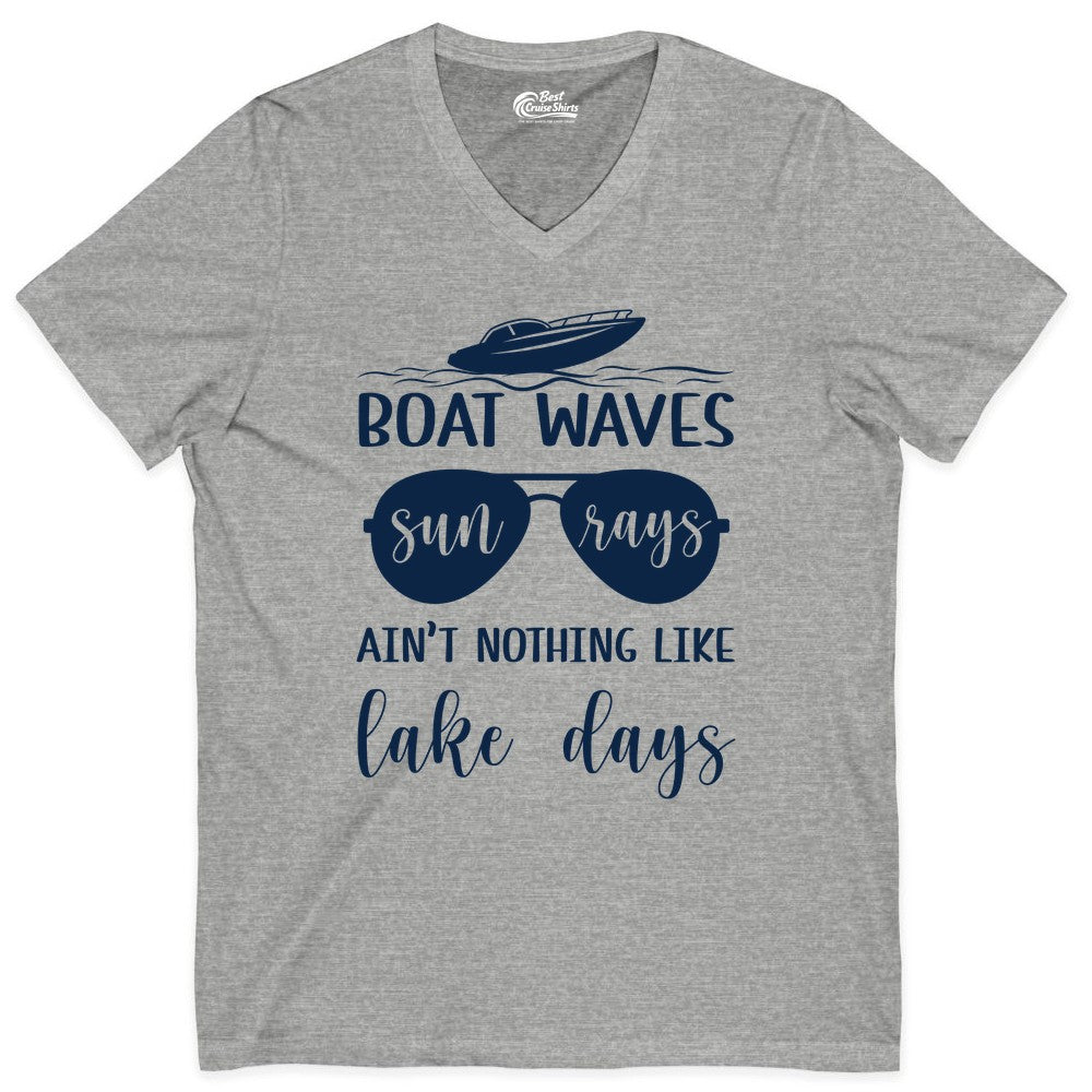 Lake Days Shirt - Fun Lake Life & Boating Summer Vibes Tee (V-Neck) in Athletic Heather - Boat Waves Sun Rays Lake Days Summer Lake Life Shirt