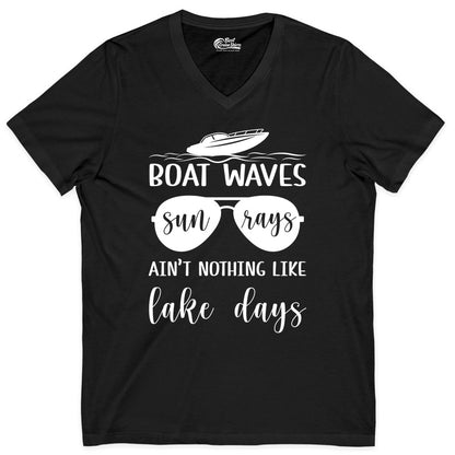 Lake Days Shirt - Fun Lake Life & Boating Summer Vibes Tee (V-Neck) in Black - Boat Waves Sun Rays Lake Days Summer Lake Life Shirt
