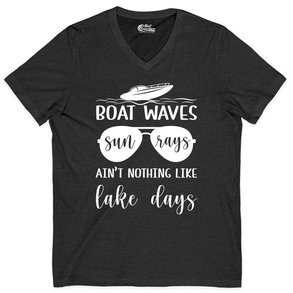 Lake Days Shirt - Fun Lake Life & Boating Summer Vibes Tee (V-Neck) in Dark Grey Heather - Boat Waves Sun Rays Lake Days Summer Lake Life Shirt