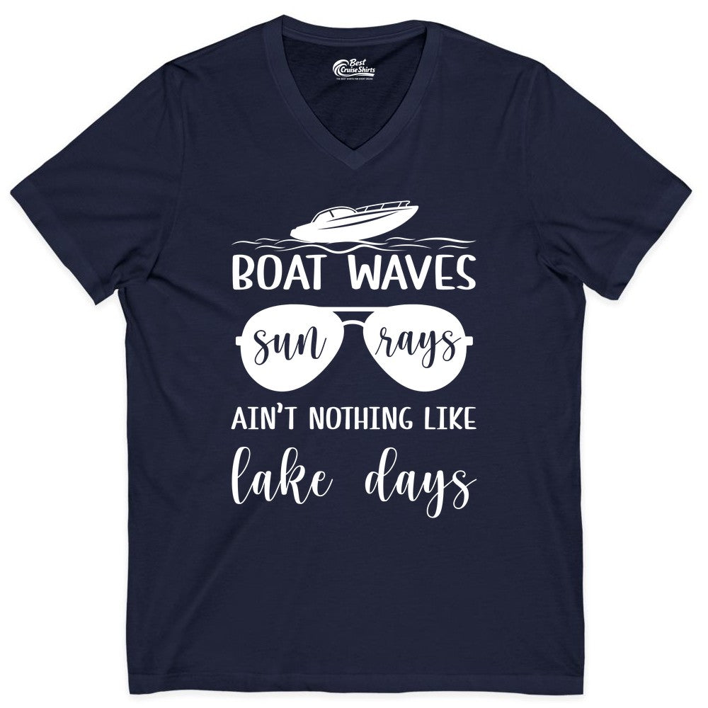 Lake Days Shirt - Fun Lake Life & Boating Summer Vibes Tee (V-Neck) in Navy - Boat Waves Sun Rays Lake Days Summer Lake Life Shirt