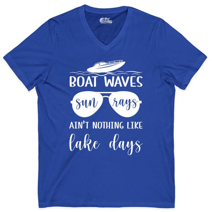 Lake Days Shirt - Fun Lake Life & Boating Summer Vibes Tee (V-Neck) in True Royal - Boat Waves Sun Rays Lake Days Summer Lake Life Shirt
