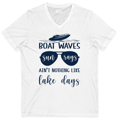 Lake Days Shirt - Fun Lake Life & Boating Summer Vibes Tee (V-Neck) in White - Boat Waves Sun Rays Lake Days Summer Lake Life Shirt