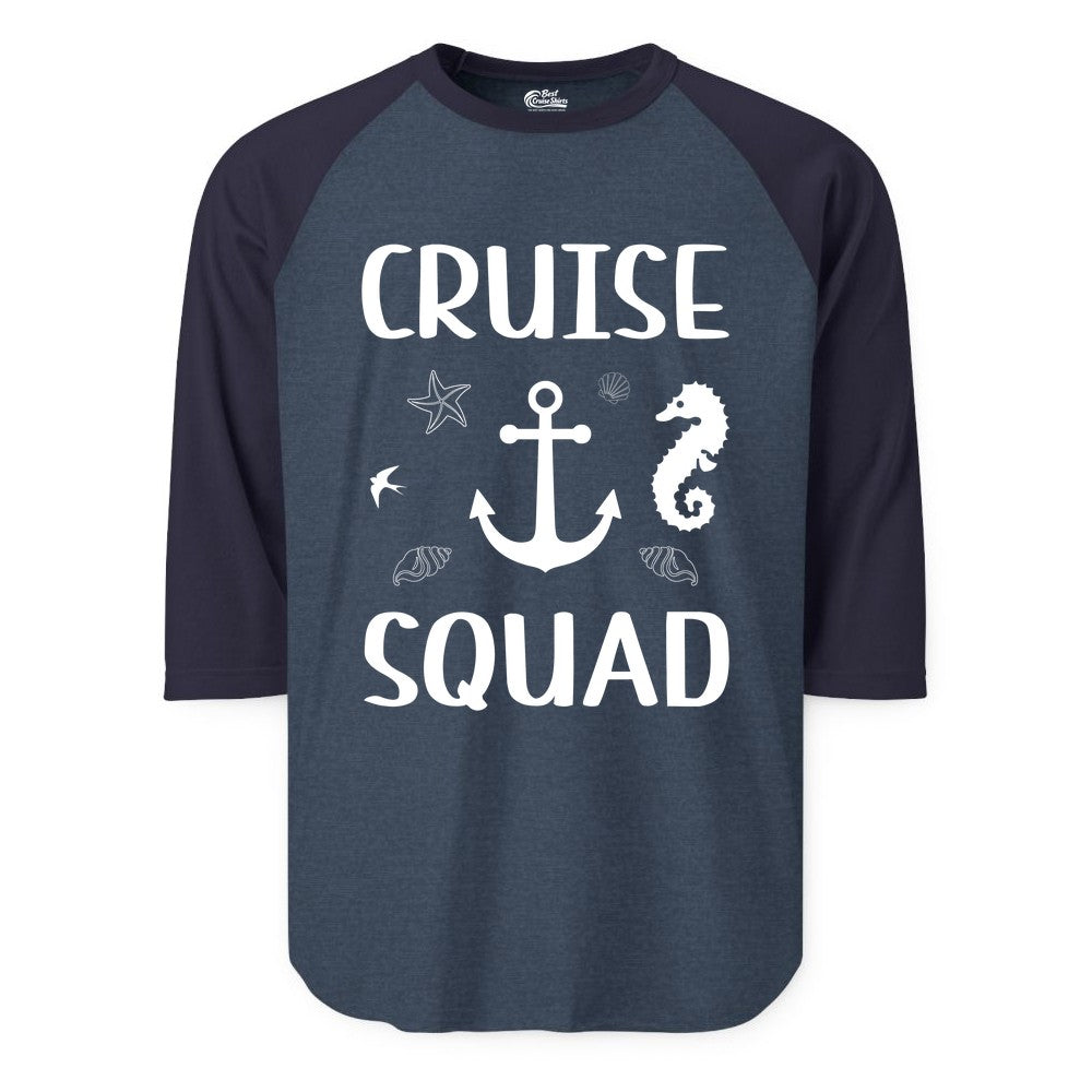 Cruise Squad Shirt - Nautical Group Shirt for Family Cruise Fun (Raglan) in Heather DenimNavy - Cruise Squad Shirt - Nautical Anchor Marine Animals Group Vacation Tee