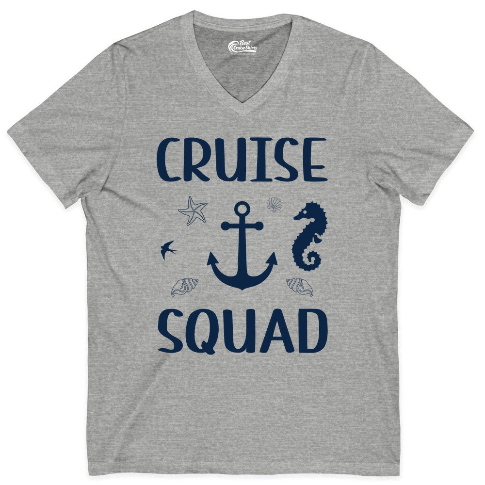Cruise Squad Shirt - Nautical Group Shirt for Family Cruise Fun (V-Neck) in Athletic Heather - Cruise Squad Shirt - Nautical Anchor Marine Animals Group Vacation Tee