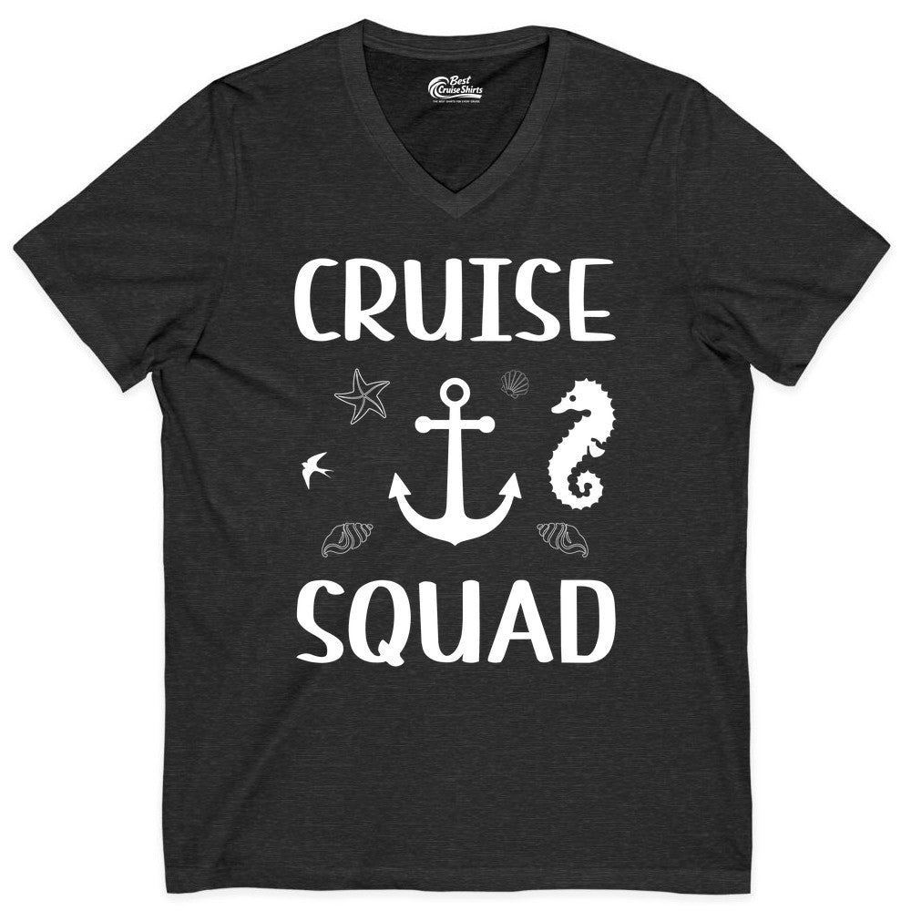 Cruise Squad Shirt - Nautical Group Shirt for Family Cruise Fun (V-Neck) in Dark Grey Heather - Cruise Squad Shirt - Nautical Anchor Marine Animals Group Vacation Tee