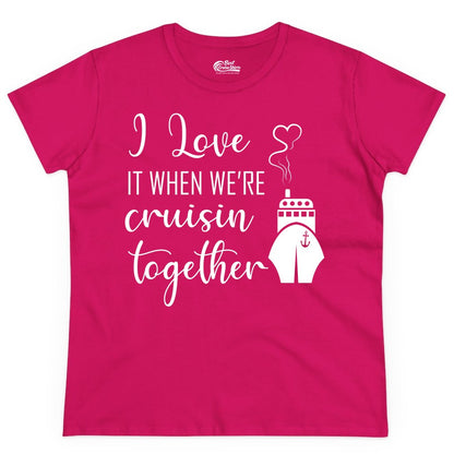 Cruise Couple Shirt - Romantic Cruise Vacation Apparel for Couples (Ladies Tee) in Heliconia - Cruise Couple Shirt - I Love Cruisin Together Romantic Ship Heart Design