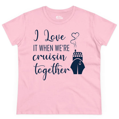 Cruise Couple Shirt - Romantic Cruise Vacation Apparel for Couples (Ladies Tee) in Light Pink - Cruise Couple Shirt - I Love Cruisin Together Romantic Ship Heart Design
