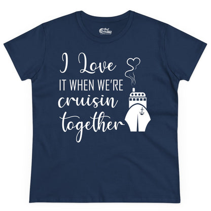 Cruise Couple Shirt - Romantic Cruise Vacation Apparel for Couples (Ladies Tee) in Navy - Cruise Couple Shirt - I Love Cruisin Together Romantic Ship Heart Design