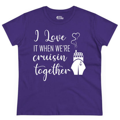 Cruise Couple Shirt - Romantic Cruise Vacation Apparel for Couples (Ladies Tee) in Purple - Cruise Couple Shirt - I Love Cruisin Together Romantic Ship Heart Design