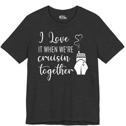 Cruise Couple Shirt - Romantic Cruise Vacation Apparel for Couples (Premium Tee) in Dark Grey Heather - Cruise Couple Shirt - I Love Cruisin Together Romantic Ship Heart Design
