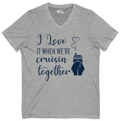 Cruise Couple Shirt - Romantic Cruise Vacation Apparel for Couples (V-Neck) in Athletic Heather - Cruise Couple Shirt - I Love Cruisin Together Romantic Ship Heart Design