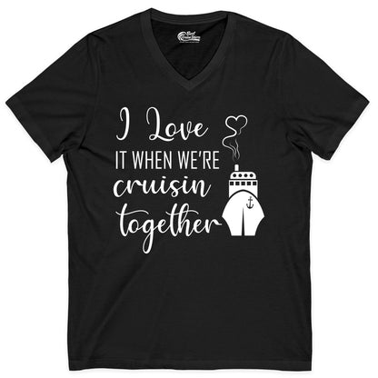 Cruise Couple Shirt - Romantic Cruise Vacation Apparel for Couples (V-Neck) in Black - Cruise Couple Shirt - I Love Cruisin Together Romantic Ship Heart Design