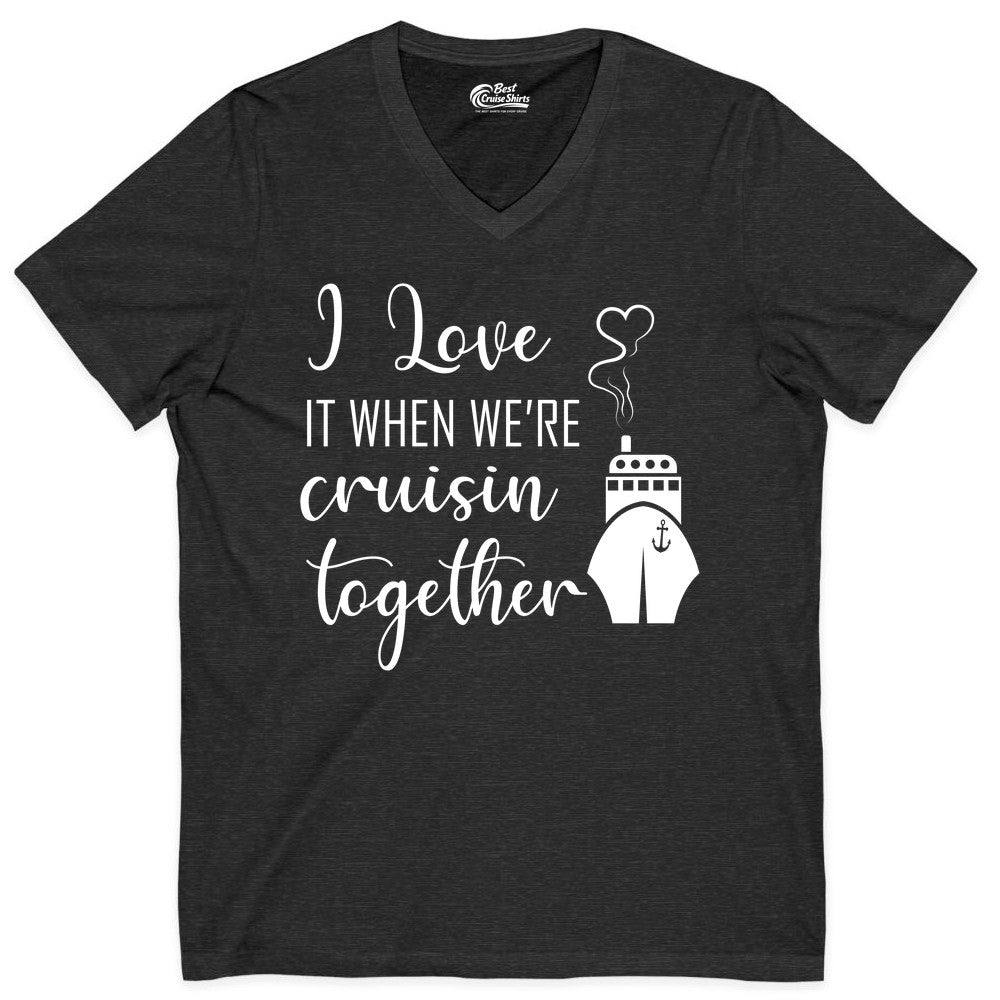 Cruise Couple Shirt - Romantic Cruise Vacation Apparel for Couples (V-Neck) in Dark Grey Heather - Cruise Couple Shirt - I Love Cruisin Together Romantic Ship Heart Design