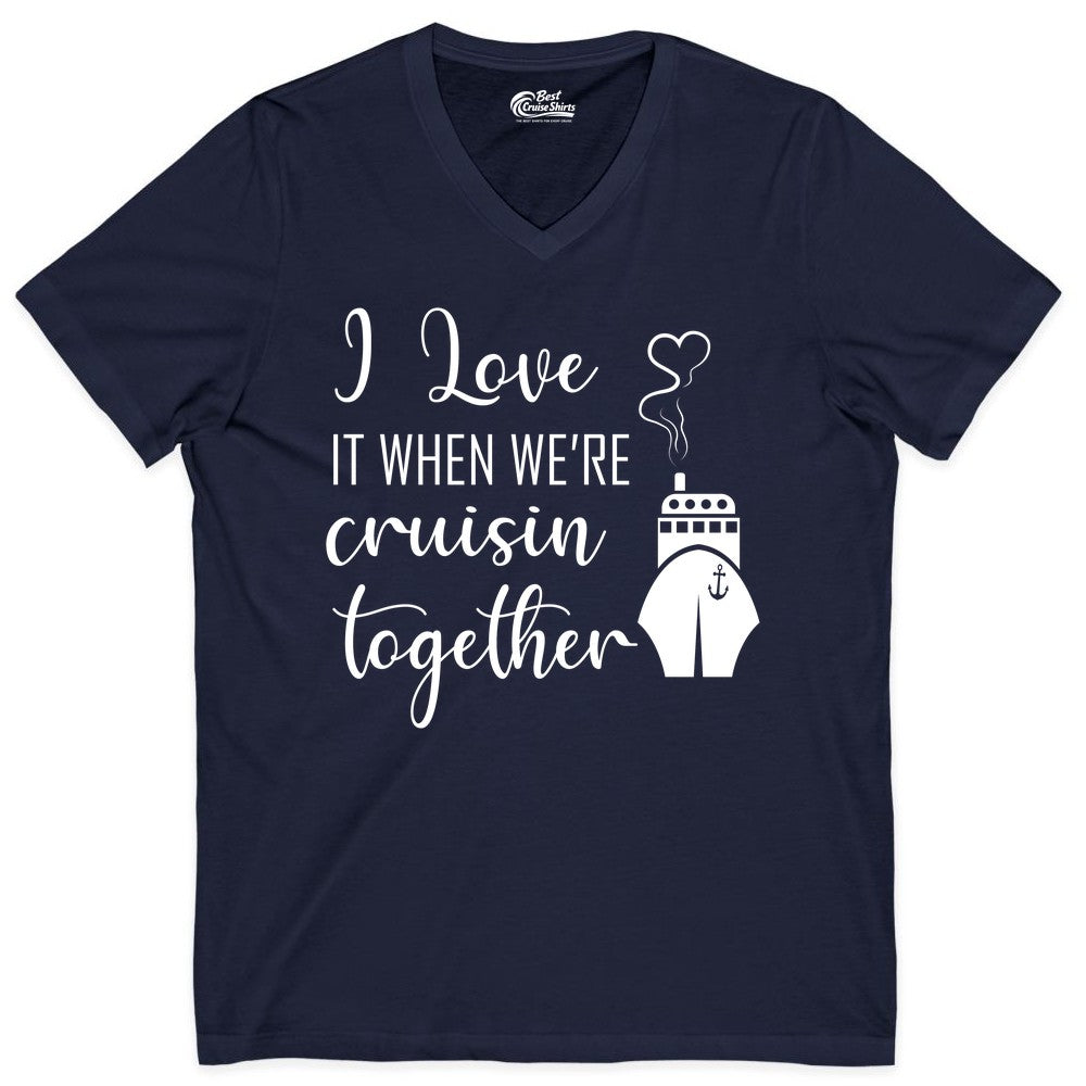 Cruise Couple Shirt - Romantic Cruise Vacation Apparel for Couples (V-Neck) in Navy - Cruise Couple Shirt - I Love Cruisin Together Romantic Ship Heart Design