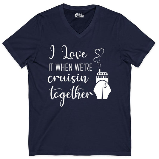 Cruise Couple Shirt - Romantic Cruise Vacation Apparel for Couples (V-Neck) in Navy - Cruise Couple Shirt - I Love Cruisin Together Romantic Ship Heart Design