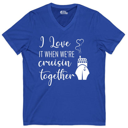 Cruise Couple Shirt - Romantic Cruise Vacation Apparel for Couples (V-Neck) in True Royal - Cruise Couple Shirt - I Love Cruisin Together Romantic Ship Heart Design