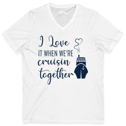 Cruise Couple Shirt - Romantic Cruise Vacation Apparel for Couples (V-Neck) in White - Cruise Couple Shirt - I Love Cruisin Together Romantic Ship Heart Design