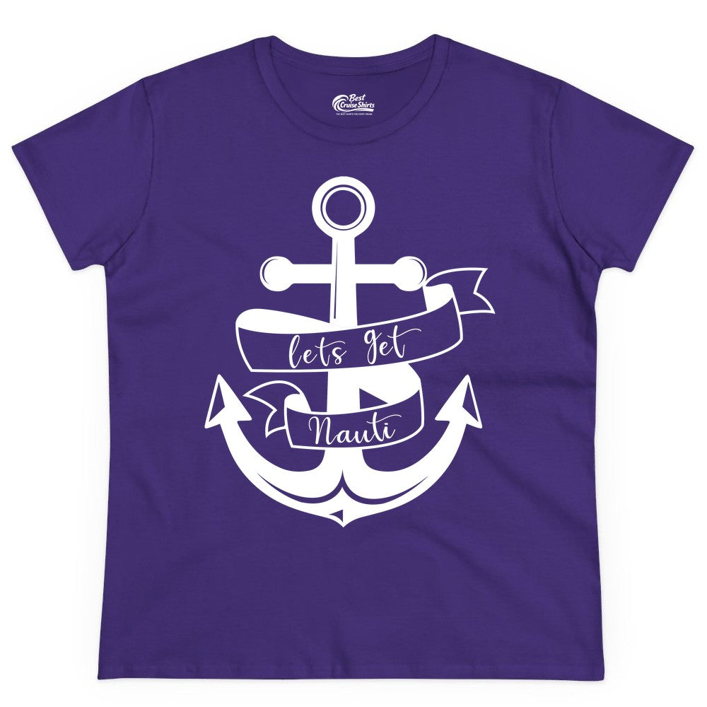 Lets Get Nauti Shirt - Nautical Shirt Funny Cruise Tee Anchor Graphic (Ladies Tee) in Purple - Lets Get Nauti Nautical Anchor Shirt - Playful Cruise Party Tee Design