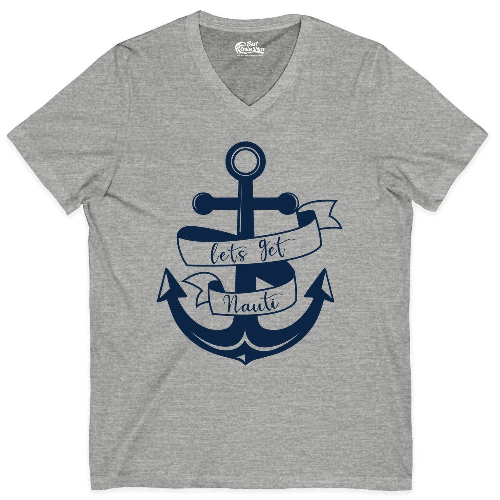 Lets Get Nauti Shirt - Nautical Shirt Funny Cruise Tee Anchor Graphic (V-Neck) in Athletic Heather - Lets Get Nauti Nautical Anchor Shirt - Playful Cruise Party Tee Design