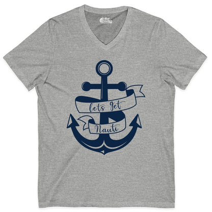 Lets Get Nauti Shirt - Nautical Shirt Funny Cruise Tee Anchor Graphic (V-Neck) in Athletic Heather - Lets Get Nauti Nautical Anchor Shirt - Playful Cruise Party Tee Design