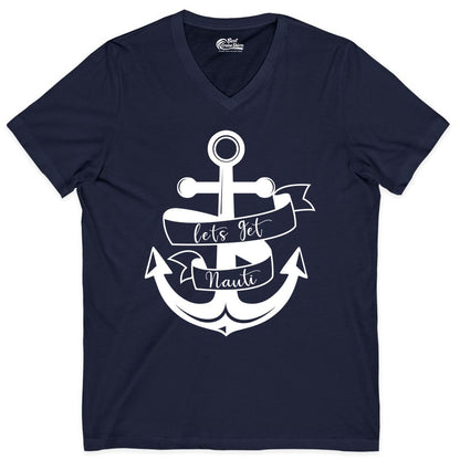 Lets Get Nauti Shirt - Nautical Shirt Funny Cruise Tee Anchor Graphic (V-Neck) in Navy - Lets Get Nauti Nautical Anchor Shirt - Playful Cruise Party Tee Design