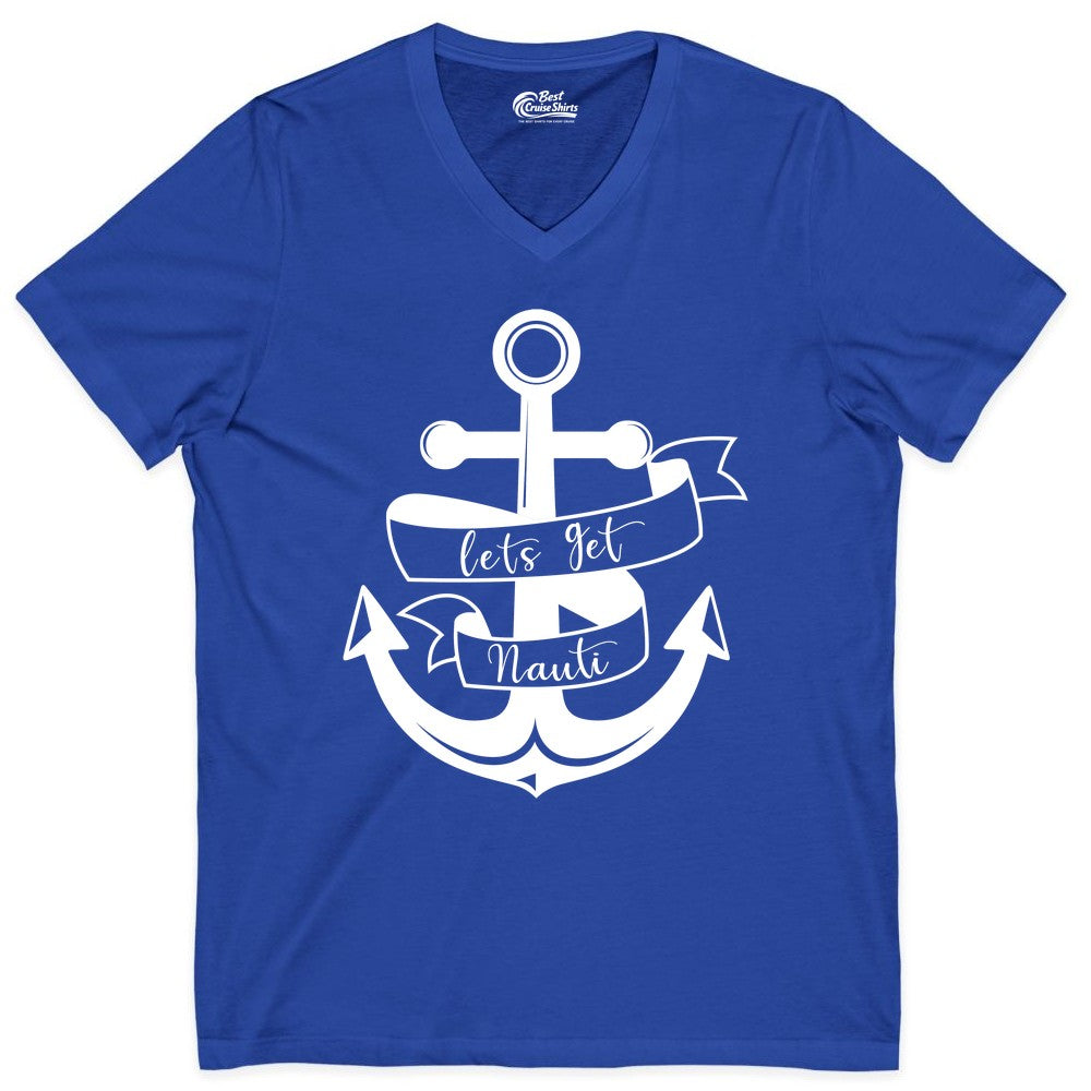 Lets Get Nauti Shirt - Nautical Shirt Funny Cruise Tee Anchor Graphic (V-Neck) in True Royal - Lets Get Nauti Nautical Anchor Shirt - Playful Cruise Party Tee Design