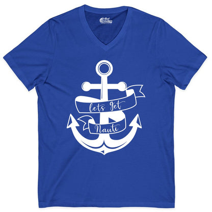 Lets Get Nauti Shirt - Nautical Shirt Funny Cruise Tee Anchor Graphic (V-Neck) in True Royal - Lets Get Nauti Nautical Anchor Shirt - Playful Cruise Party Tee Design