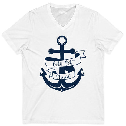 Lets Get Nauti Shirt - Nautical Shirt Funny Cruise Tee Anchor Graphic (V-Neck) in White - Lets Get Nauti Nautical Anchor Shirt - Playful Cruise Party Tee Design