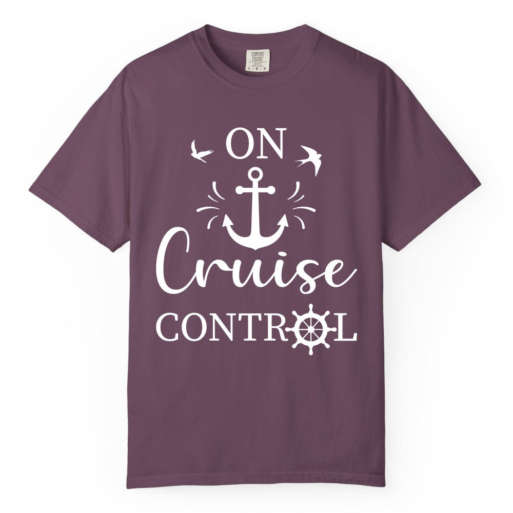 On Cruise Control Shirt - Nautical Apparel for Cruise Vacation (Comfort Color) in Berry - On Cruise Control Nautical Anchor and Birds Vacation Shirt Design