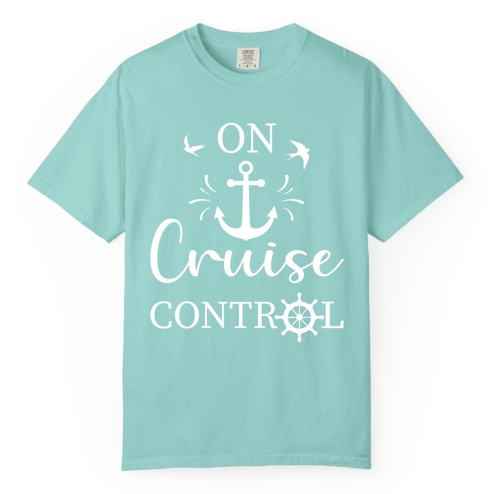 On Cruise Control Shirt - Nautical Apparel for Cruise Vacation (Comfort Color) in Chalky Mint - On Cruise Control Nautical Anchor and Birds Vacation Shirt Design