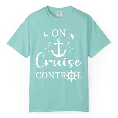 On Cruise Control Shirt - Nautical Apparel for Cruise Vacation (Comfort Color) in Chalky Mint - On Cruise Control Nautical Anchor and Birds Vacation Shirt Design