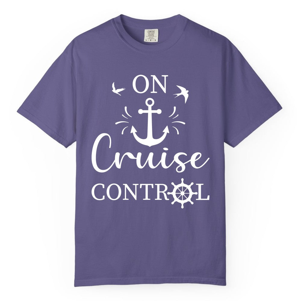 On Cruise Control Shirt - Nautical Apparel for Cruise Vacation (Comfort Color) in Grape - On Cruise Control Nautical Anchor and Birds Vacation Shirt Design