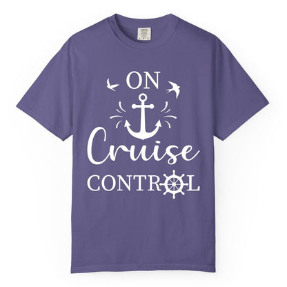 On Cruise Control Shirt - Nautical Apparel for Cruise Vacation (Comfort Color) in Grape - On Cruise Control Nautical Anchor and Birds Vacation Shirt Design