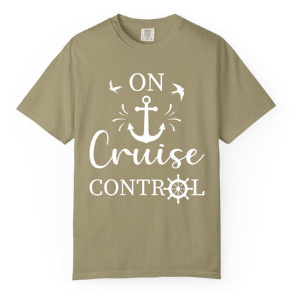 On Cruise Control Shirt - Nautical Apparel for Cruise Vacation (Comfort Color) in Khaki - On Cruise Control Nautical Anchor and Birds Vacation Shirt Design