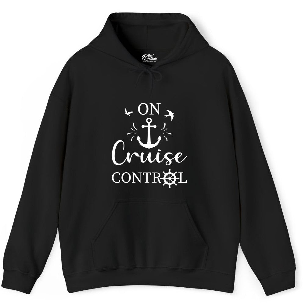 On Cruise Control Shirt - Nautical Apparel for Cruise Vacation (Hoodie) in Black - On Cruise Control Nautical Anchor and Birds Vacation Shirt Design
