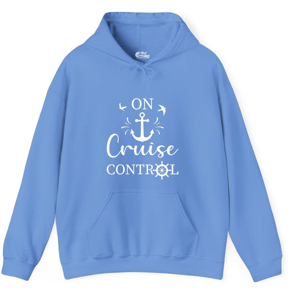 On Cruise Control Shirt - Nautical Apparel for Cruise Vacation (Hoodie) in Carolina Blue - On Cruise Control Nautical Anchor and Birds Vacation Shirt Design