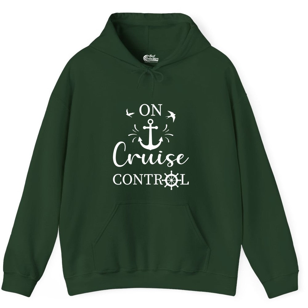 On Cruise Control Shirt - Nautical Apparel for Cruise Vacation (Hoodie) in Forest Green - On Cruise Control Nautical Anchor and Birds Vacation Shirt Design
