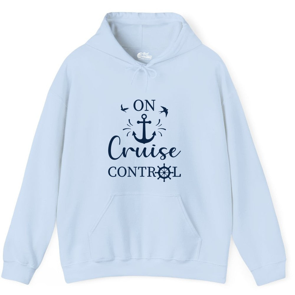On Cruise Control Shirt - Nautical Apparel for Cruise Vacation (Hoodie) in Light Blue - On Cruise Control Nautical Anchor and Birds Vacation Shirt Design
