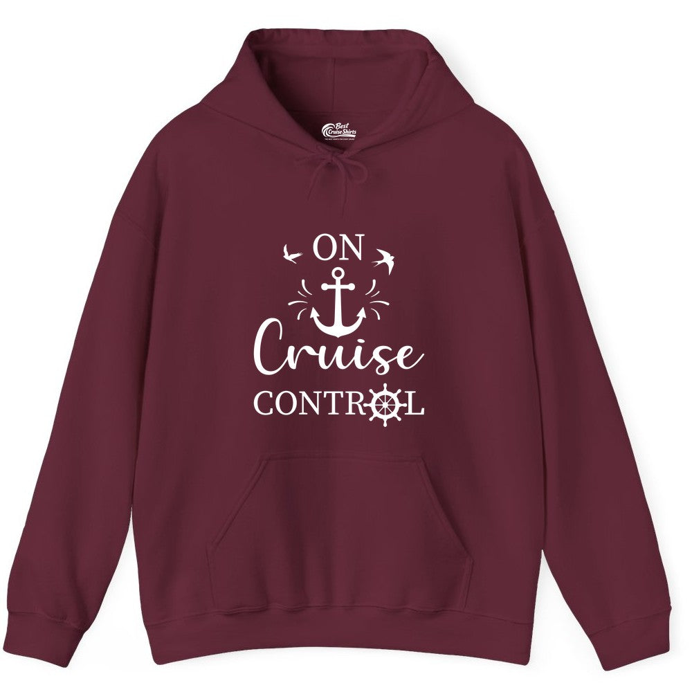 On Cruise Control Shirt - Nautical Apparel for Cruise Vacation (Hoodie) in Maroon - On Cruise Control Nautical Anchor and Birds Vacation Shirt Design