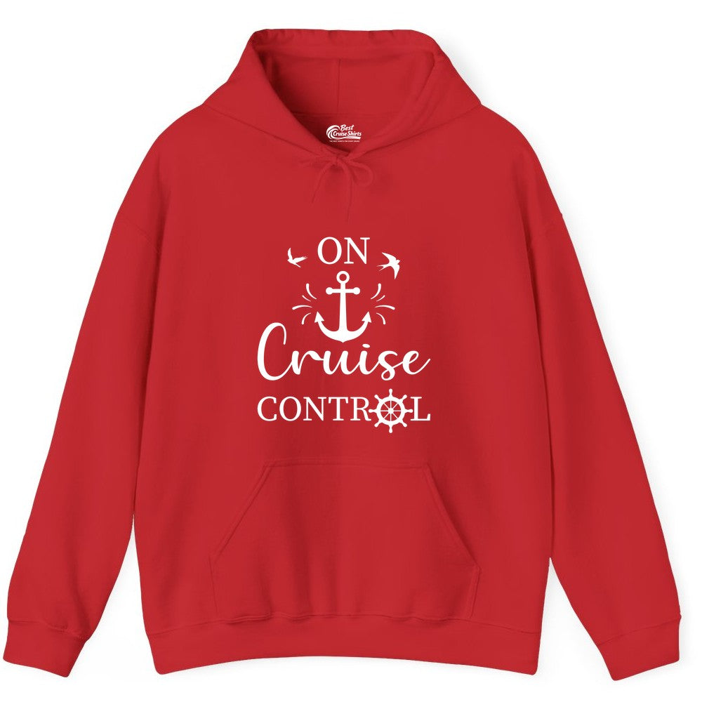On Cruise Control Shirt - Nautical Apparel for Cruise Vacation (Hoodie) in Red - On Cruise Control Nautical Anchor and Birds Vacation Shirt Design