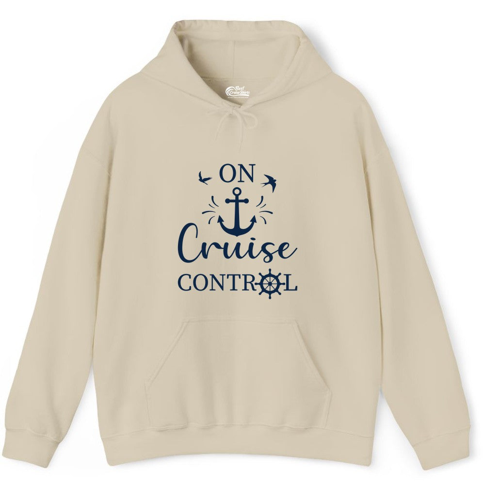 On Cruise Control Shirt - Nautical Apparel for Cruise Vacation (Hoodie) in Sand - On Cruise Control Nautical Anchor and Birds Vacation Shirt Design
