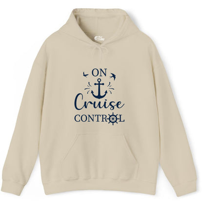 On Cruise Control Shirt - Nautical Apparel for Cruise Vacation (Hoodie) in Sand - On Cruise Control Nautical Anchor and Birds Vacation Shirt Design