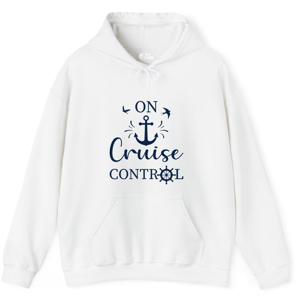 On Cruise Control Shirt - Nautical Apparel for Cruise Vacation (Hoodie) in White - On Cruise Control Nautical Anchor and Birds Vacation Shirt Design